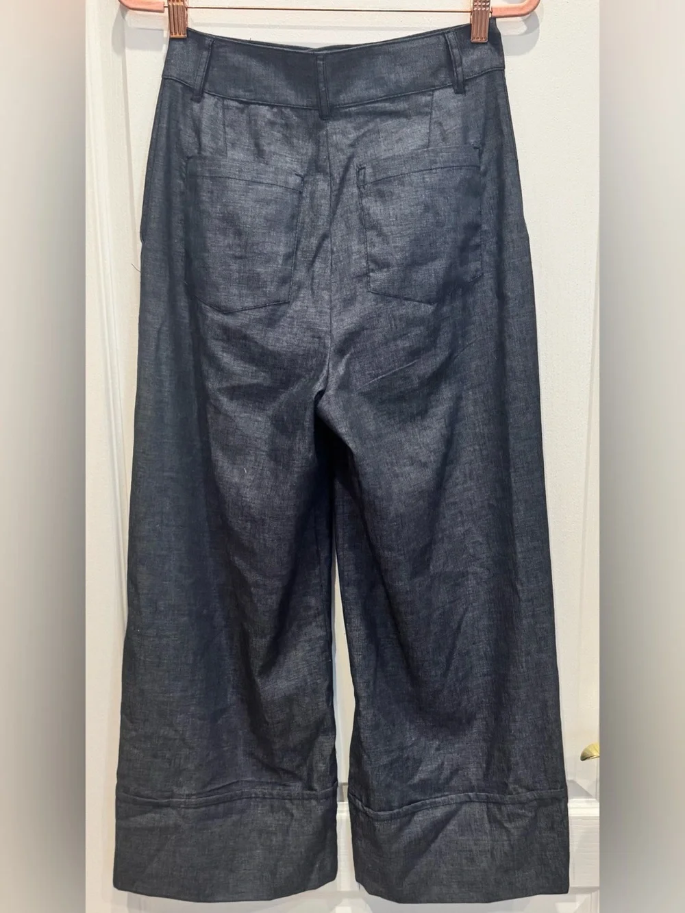 ZARA Linen Blend Wide Leg Denim Culotte Pants Indigo Blue XS NWT
